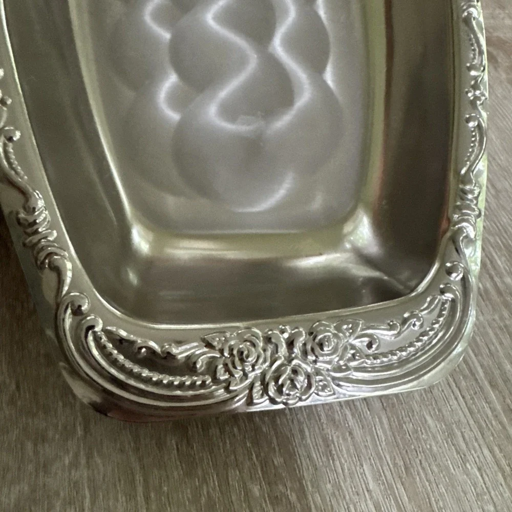 Vintage Silver Tone Floral Trinket Tray Oval Rose Dish Twin Bird Co Japan